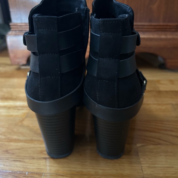 Material Girl Black Suede Boots Booties with Strap Detail Heels MMELANYF Size 9 - Picture 6 of 9